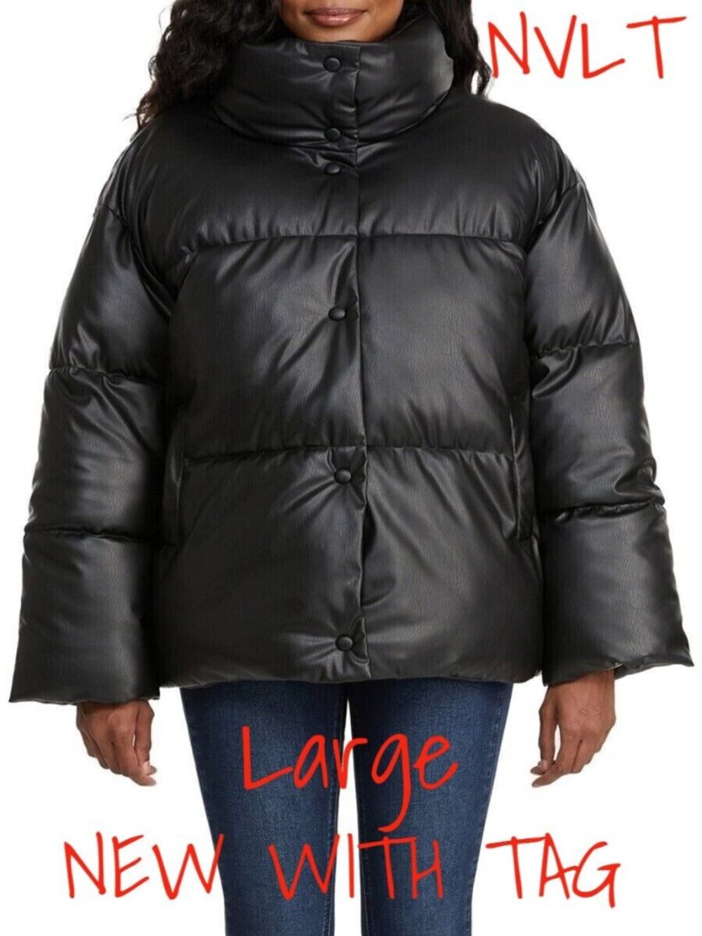 NVLT Puffer Coat Jacket Vegan Leather Black Size Large Women's New With Tag